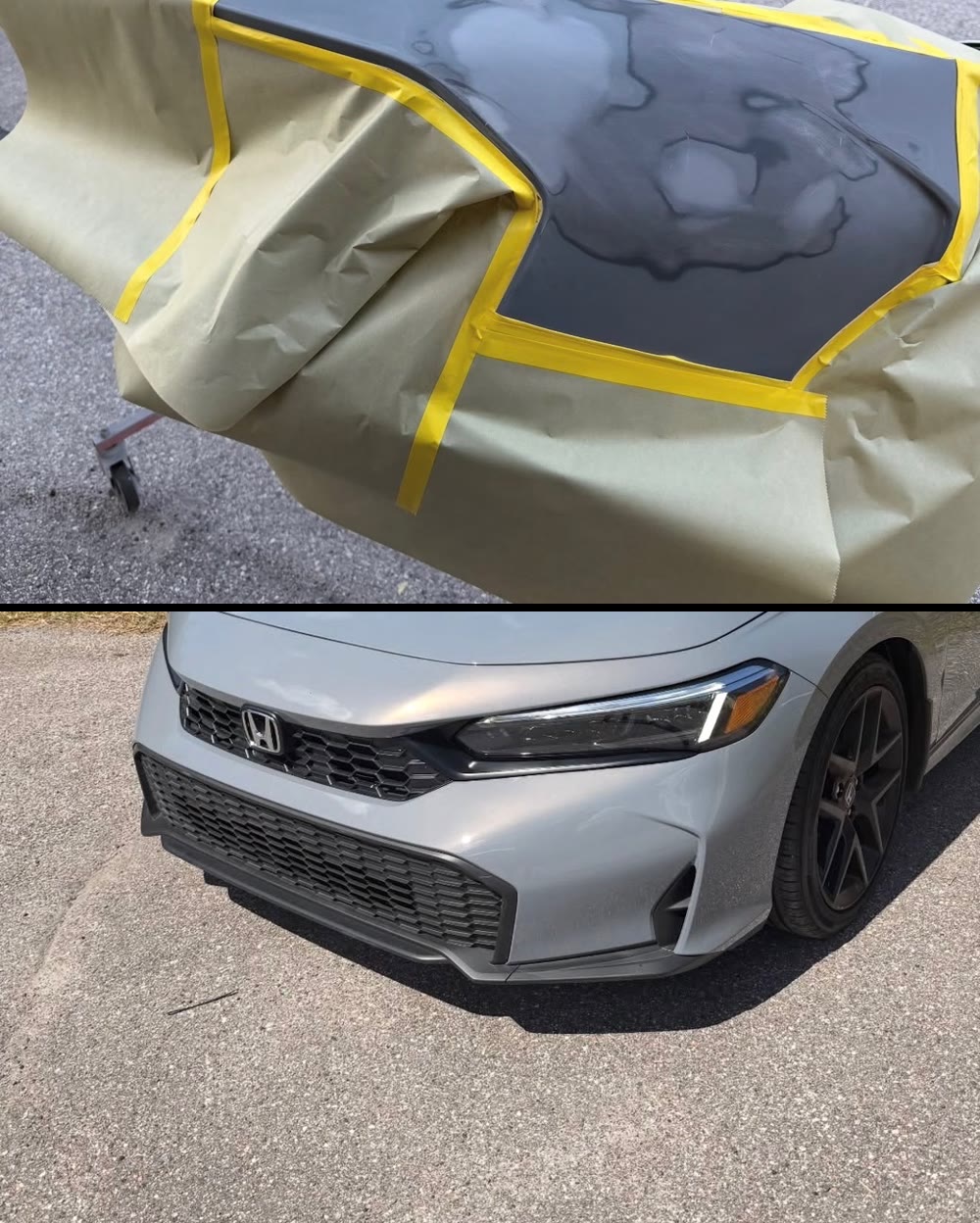 Bumper repair — body filler and prep, then the finished car