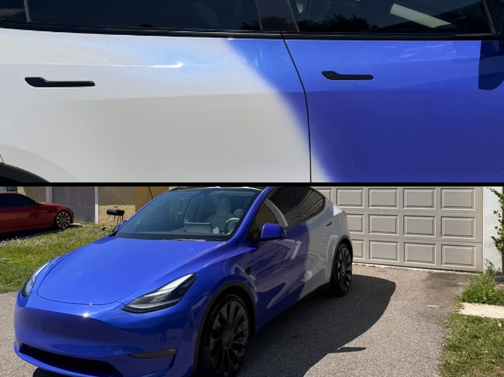 PEEL Clear blue film being applied to a Tesla Model Y, and the finished result