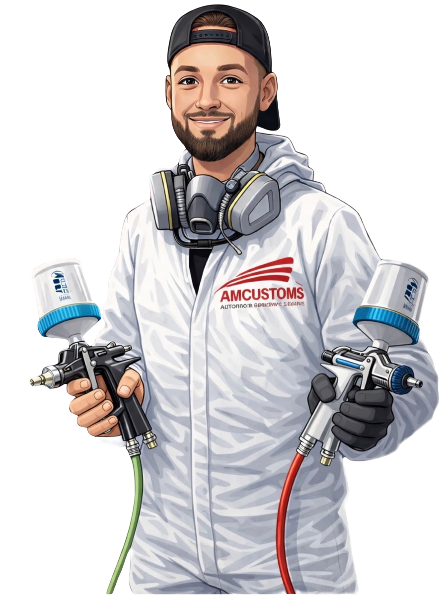 Tony — the painter behind AM Customs, holding two spray guns